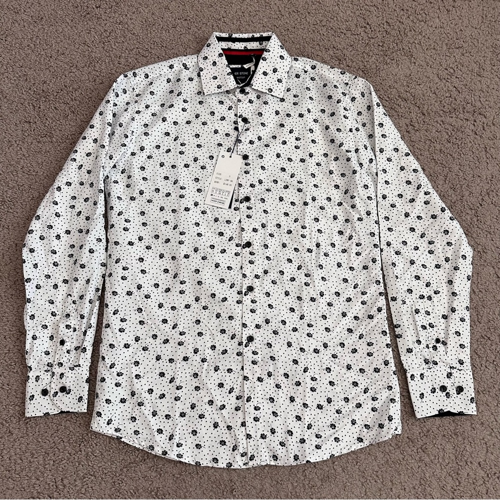 Silver Stone Collection White Navy Blue Floral Button Up Shirt Modern Fit Mens S
